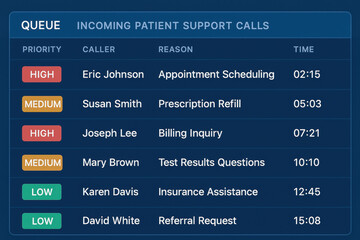 Obraz premium Incoming patient support calls queue shows priority levels for healthcare center consultation and call reasons from patients seeking tech