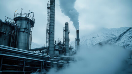 Industrial factory in winter with smoke and steam rising from pipes against snowy mountains under a cloudy sky in a cold environment