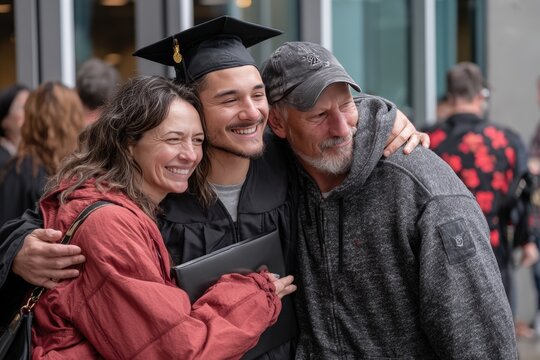 Joyful Graduation Celebration with Family Hugging Proud Graduate in Cap and Gown at Outdoor University Commencement Ceremony