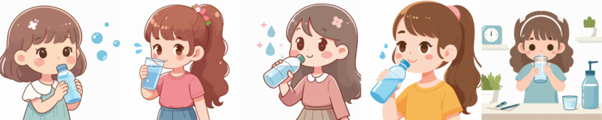 Vector of a little girl drinking.