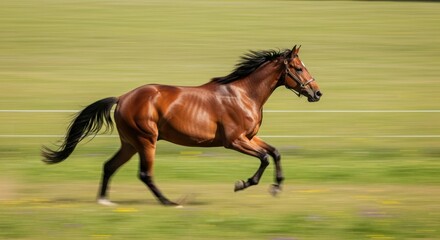 A brown horse galloping across a grassy field.