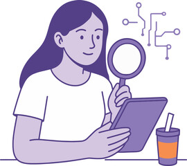 Data Analysis Vector Illustration. Woman Analyzing Data on Tablet with Magnifying Glass.