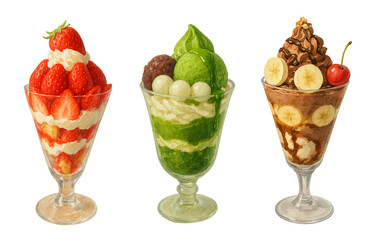 Strawberry, Matcha, and Chocolate Banana Parfaits – Summer Watercolor Illustration