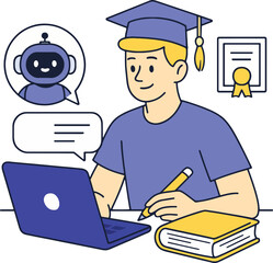 Online Education Vector Illustration. Student with laptop, graduation cap, and certificate.