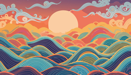 Top-Down View of River Flowing into the Sea &ndash; Aerial Water Scene in Vector Style