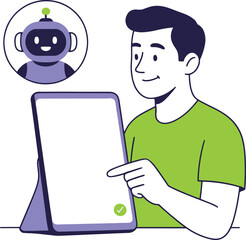 Chatbot Interaction Vector: Man Interacting with AI on Tablet.