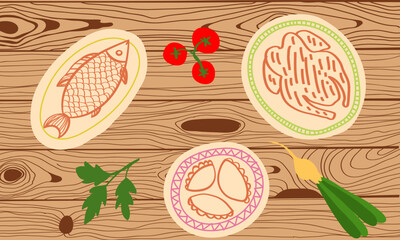 Food in plates on wooden table in vector top view. Fish, chicken, pies, green onions, dill and cherry tomatoes on a branch drawn in mixed style