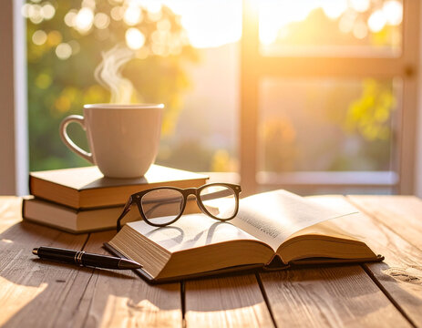 Steaming books and coffee and glasses on the table with soft sunlight in the background - Powered by Adobe