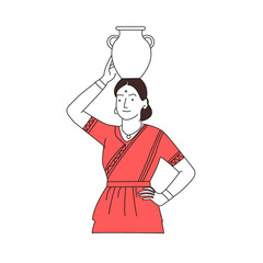 Traditional Indian Woman Carrying Water Pot Vector Illustration