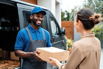 Friendly delivery service interaction with smiling courier handing package to customer in residential area