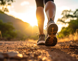 A person's feet wearing shoes are jogging with a background of late afternoon sunlight.
