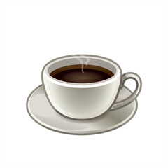 Coffee cup with flying beans emoji. Cute white mug with black hot espresso or americano three dimensional realistic vector 10 eps.