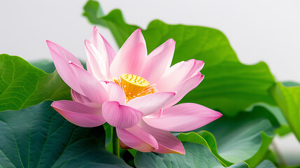 Obraz premium Lotus Flower with Green Leaves on White Background