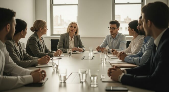 Businesspeople seated around a conference table.