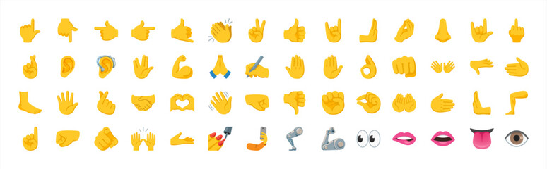 All type of hand emojis, gestures, stickers, emoticons flat illustration symbols set, collection. Hands, handshakes, muscle, finger, fist, direction, like, unlike, fingers collection, vector emojis.