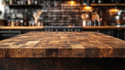 Wood table top showcasing rich textures in a blurred kitchen environment during a cozy cooking atmosphere
