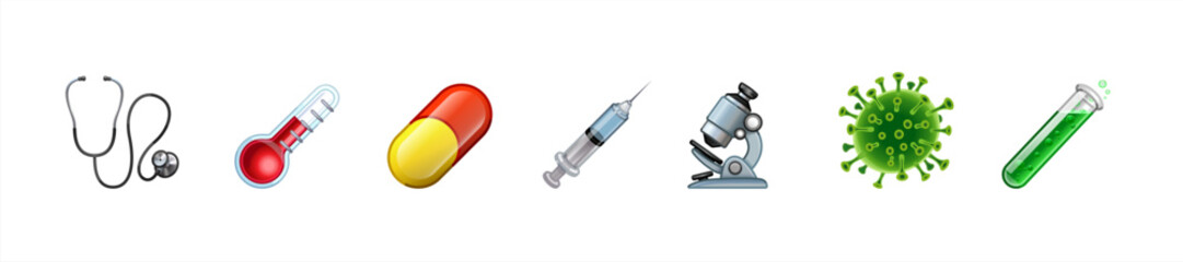 Medical healthcare emoji set. Syringe, ampoule and plaster isolated on white background. Medical pills, capsules and bottles. Vector icon of medicines and drugs in cartoon flat style. 10 eps. © Cali6ro