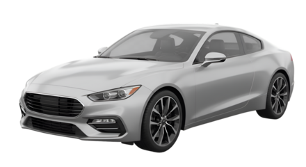 Sleek silver coupe with dark rims and tinted windows angled view