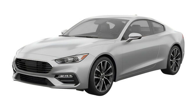 Sleek silver coupe with dark rims and tinted windows angled view