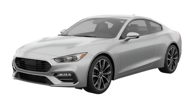 Sleek silver coupe with dark rims and tinted windows angled view