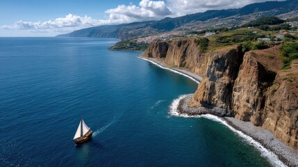 Fototapeta premium Coastal landscape with sailboat