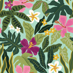 Collage contemporary floral seamless pattern. Artistic modern exotic jungle fruits and plants illustration in vector. Vector illustration