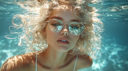 Portrait of a woman with platinum blonde curly hair underwater during a sunny day