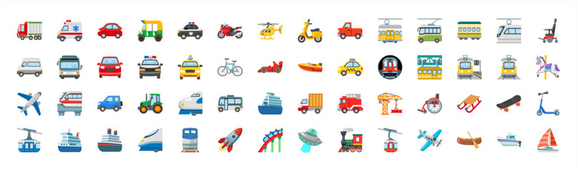 Fototapeta na wymiar All Transport Vector Icons Set. Transportation, Logistics, Delivery, Shipping, Railway, Airways, Ambulance, Emergency car symbols, emojis, emoticons, vector 10 eps.