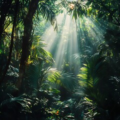 Sunbeams Through Dense Tropical Rainforest Canopy