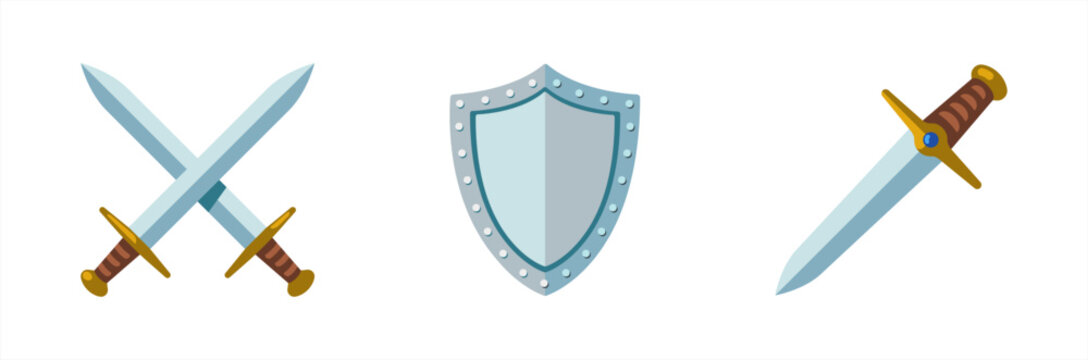 Isolated sword emoji icon set. Swords, shield, crossed swords, vector illustration icon.