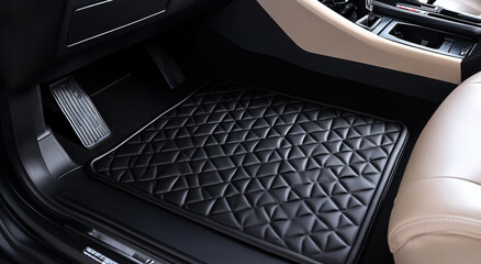 Black diamond patterned car floor mat is placed in front passenger area, providing sleek and protective surface
