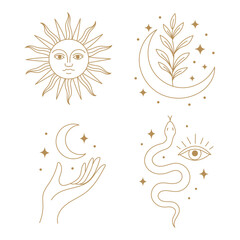 A collection of witches and wizards in the boho style with images of a butterfly, a hand, a horned god, a face, a crystal ball, the moon, a candle.