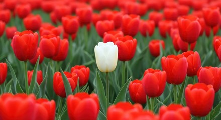 Obraz premium A single white tulip stands out amidst a field of red tulips.
