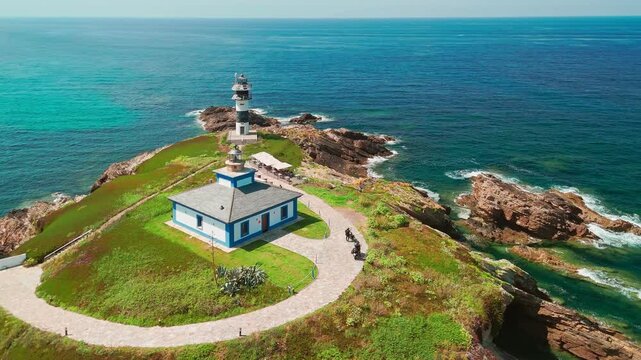 Aerial view of Faro de Ribadeo lighthouse in Lugo, Galicia, Spain.