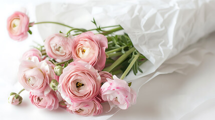 Fototapeta premium Pale Pink Ranunculus Wrapped in Paper on White