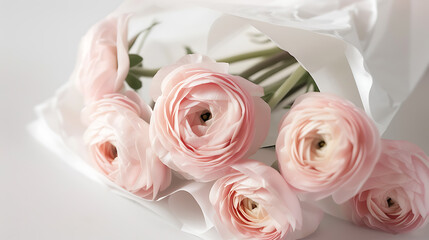 Fototapeta premium Pale Pink Ranunculus Wrapped in Paper on White