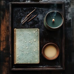 Obraz premium Serene Still Life: Teal Candle, Antique Book, and Incense on Dark Wood Tray