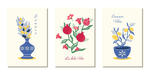 A modern abstract poster with pomegranate flowers and fruits, with a lemon tree and a bouquet of olives. Summer holidays in Italy. Vector design for postcards, banners, menus, covers and more.