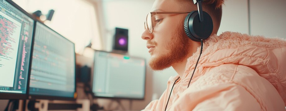 Coding session home office digital work focused environment side view productivity concept