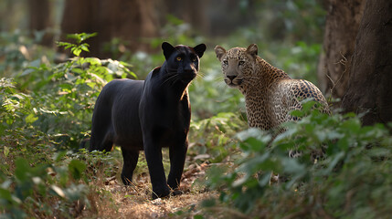 Fototapeta premium Black Panther and Leopard in Lush Green Forest Sunlight