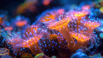 Glowing Coral Polyps Feeding in the Dark Abyss