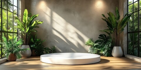 Elegant Interior Scene with Platform, Lush Green Plants, and Natural Light, perfect for product presentation