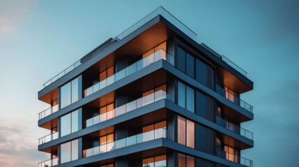 Obraz premium Modern Apartment Building Exterior At Dusk