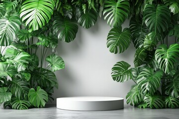 White Product Display Podium Surrounded by Lush Tropical Monster