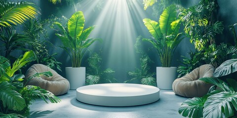 Enchanting Product Display Podium in Lush Greenery, Perfect for Wellness and Beauty Promotions