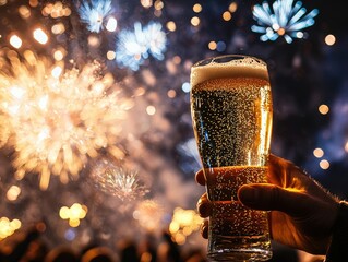Hand Holding Beer Glass Against Colorful Fireworks Background