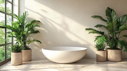 Minimalist interior mockup with empty white bowl and exotic plants, perfect for product placement or presenting artwork and design projects with natural light