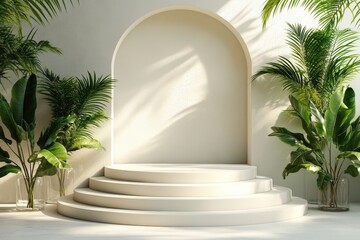 Elegant product display backdrop with arch and tropical plants, perfect for showcasing beauty and wellness items in a minimalist setting