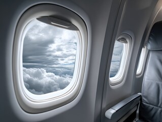 Naklejka premium Airplane window view of cloudy sky during flight, passenger seat by the window inside an aircraft.