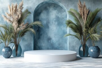 Podium with Tropical Plants for Cosmetic or Product Display Mock